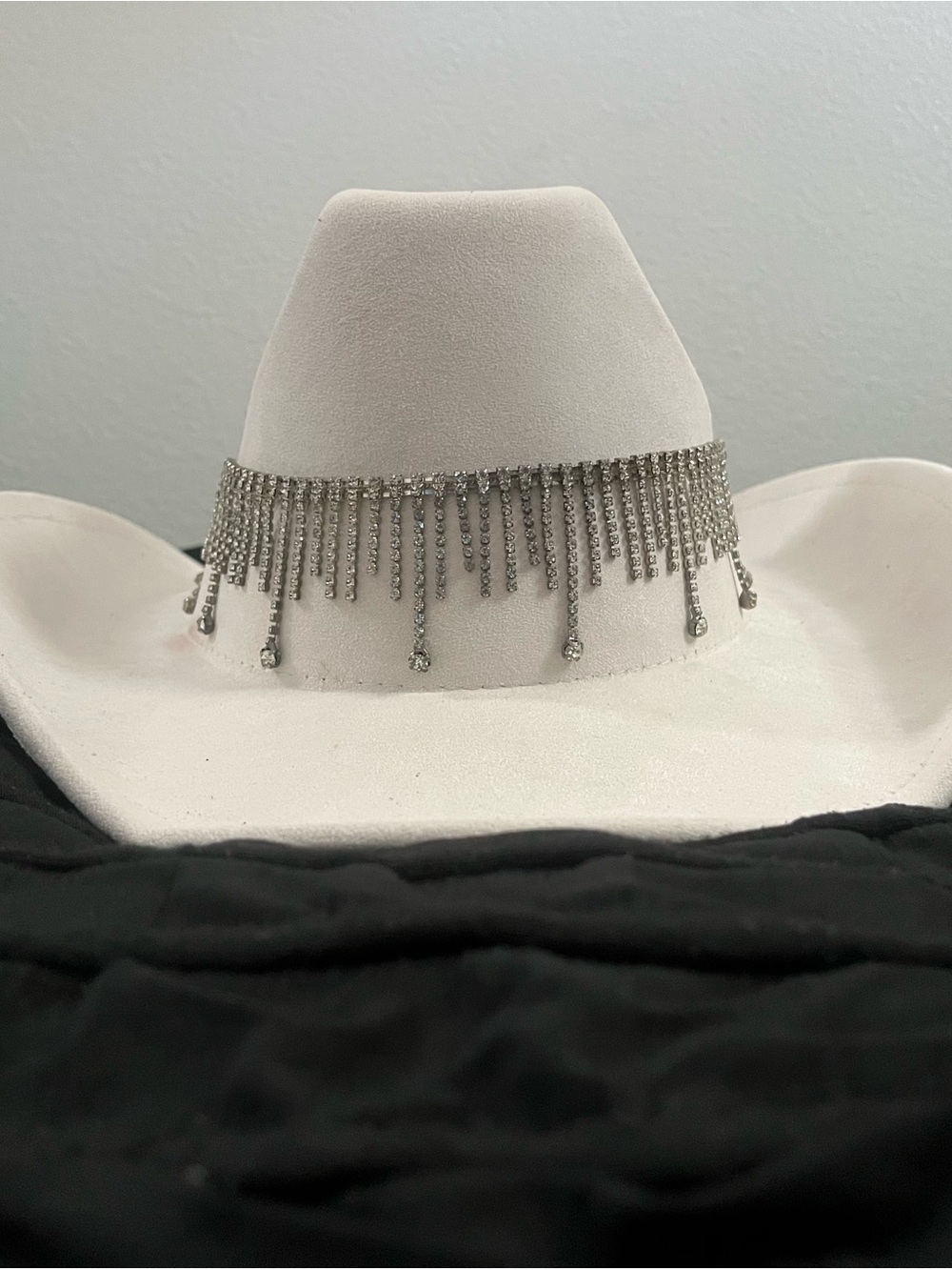 White Western Cowboy Hat with Silver Rhinestone Fringe